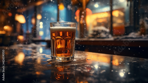 Winter landscape with the drink in the foreground. Generative AI.