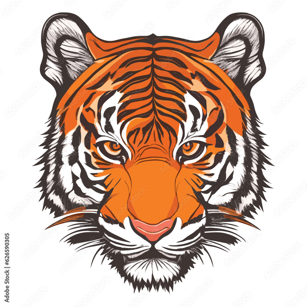 A vector, hand-drawn tiger head illustration, isolated, on white background.
