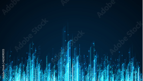 Cityscape on dark blue background with bright glowing neon. Technology city background