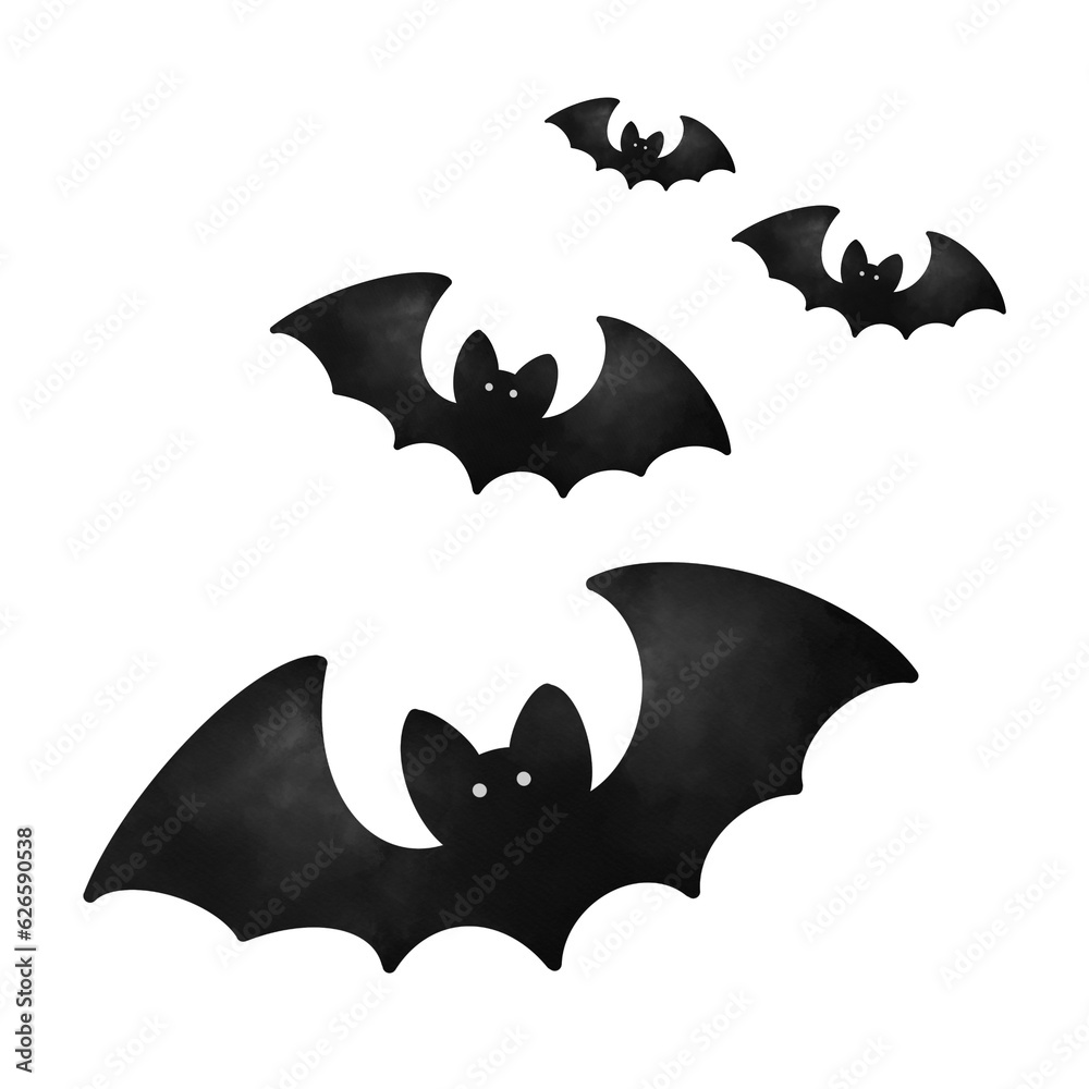 Halloween black bats flying silhouettes isolated on white.