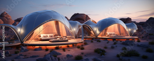 Glamping houses in desert landscape. Futuristic glamping in rocky mountains. © amazingfotommm