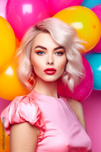 Woman with blonde hair and blue eyes wearing pink dress in front of balloons. © valentyn640