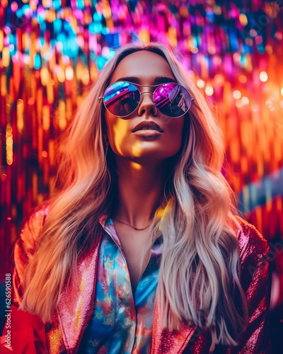 Woman with long blonde hair wearing sunglasses and red jacket with colorful lights in the background.