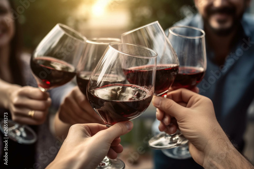 Clinking glasses with red wine and toasting. Outdoor party at sunset. Socializing.