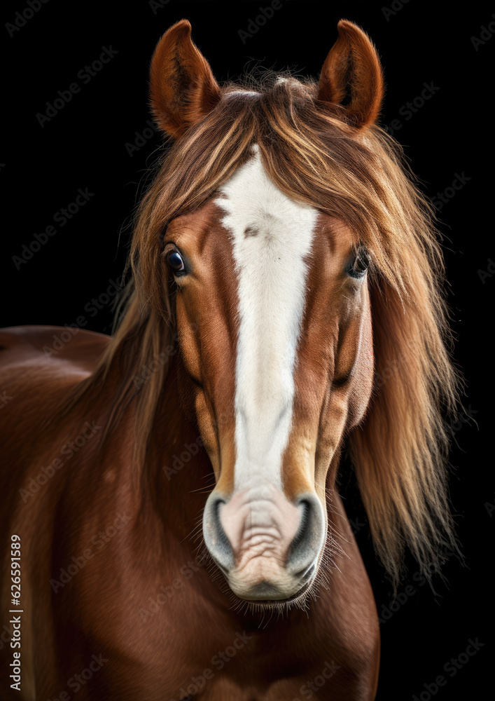Fototapeta premium Brown headed horse portriat. Beautiful white brown horse