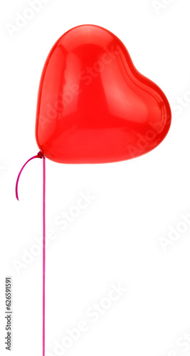 Red heart shape balloon and ribbon flying isolated on transparent background, PNG.