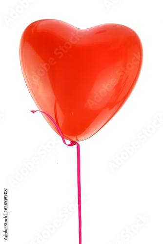Red heart shape balloon and ribbon flying isolated on transparent background, PNG.