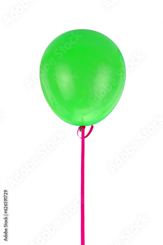 Green balloon and ribbon flying isolated on transparent background, PNG.