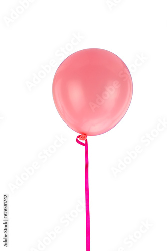 Pink balloon and ribbon flying isolated on transparent background, PNG.