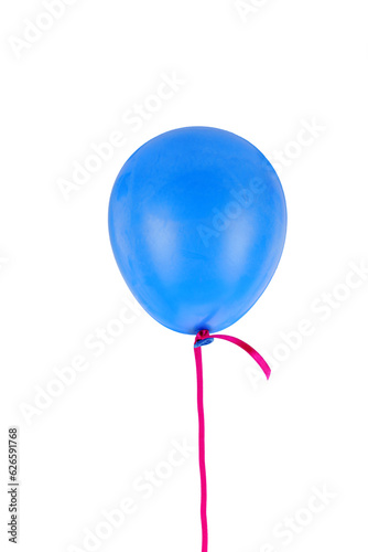 Blue balloon and ribbon flying isolated on transparent background, PNG.