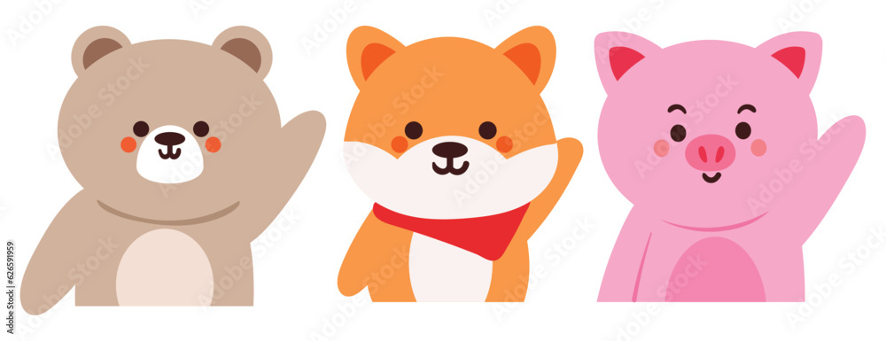 hand drawing cartoon bear, puppy, pig say hi. cute animal sticker