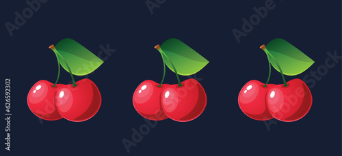 Vibrant And Enticing Cherry Game Icons, Featuring A Juicy Red Berries With A Glossy Finish, Stem and Green Leaf