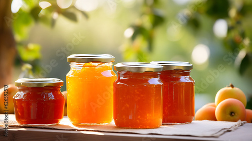 Peach jam in a glass jar, fruits, homemade jam, garden background, farm, organic product, breakfast, peaches, fruits and nature, leaves and flowers