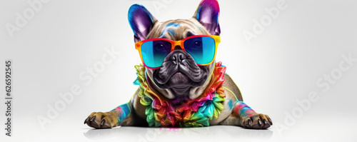 Cool dog head with sunnglases on white background. happy color wide photo. photo