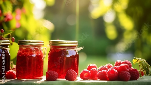 Raspberry jam in a glass jar, fruits, homemade jam, garden background, farm, organic product, breakfast, raspberries, fruits and nature, leaves and flowers