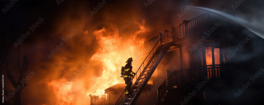 Fireman with hose in action. The house is on fire background