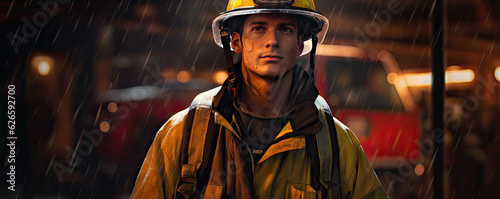 Fireman portrait. The house is on fire background