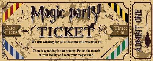 Tickets to the magic party. In the famous magical style. Vector ticket, invitation to a party.