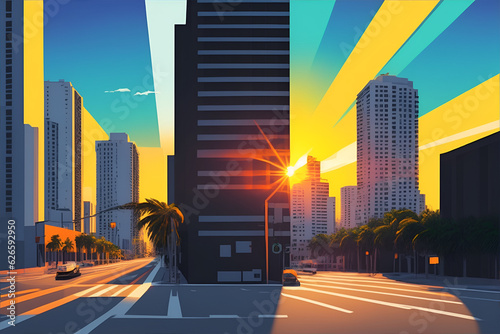 Miami street colorful hues highly detailed flat design. City skyscrapers  urban background.