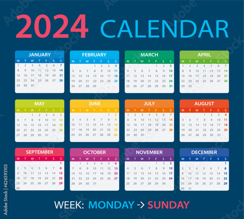 2024 Calendar - vector illustration, Week starts on Monday