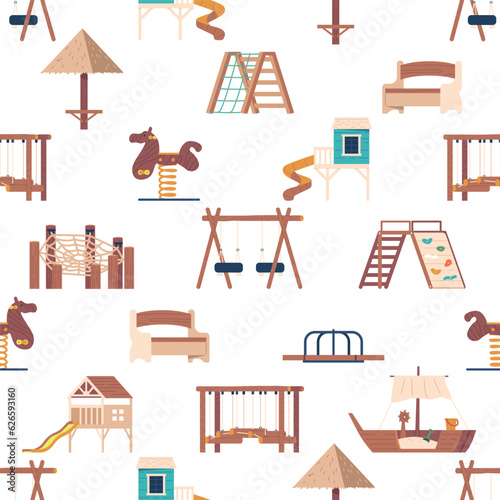 Seamless Pattern with Playground Shell, Repeated Design Featuring Slides, Swings Ladders, and Carousels, Vector