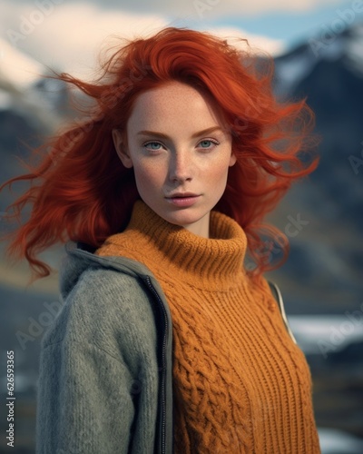 AI-image A girl a orange sweater and red hair is smiling with mountains behind her