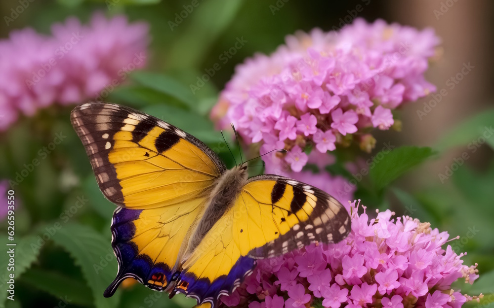 Obraz premium Closeup of beautiful yellow butterfly on blooming purple flower in garden. Generative AI