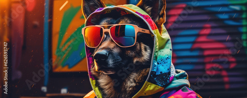 Cool looking  dog wearing funky fashion, tie, glasses. wide banner