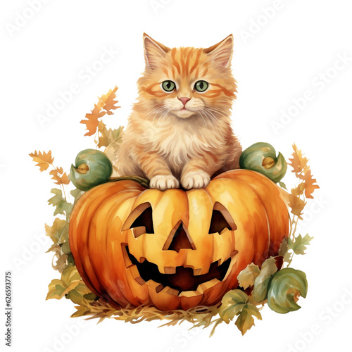 Halloween Cat with Pumpkin Watercolor Clipart,  Halloween Watercolor with Cat and Pumpkin, Cute Cat in Halloween, Halloween decoration, made with generative AI © SASINA N.
