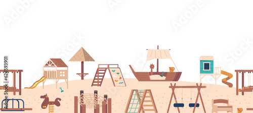 Playful Seamless Pattern Featuring Swings, Slides, And Other Playground Items. Perfect For Adding A Whimsical Touch