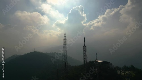 Footage 4k B-roll Aerial drone view of tower antennas Telecommunication cell phone, radio transmitters of cellular 5g 4g mobile and smartphones. High quality 4k footage