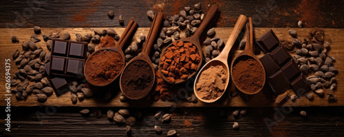 Cocoa powder with bowl on wooden table,  copy space for text