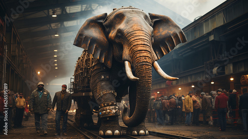 Big elephant in armor. Walking among the people