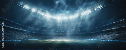 Sport football stadium ar arena in night with green grass, vivid spotlights ,