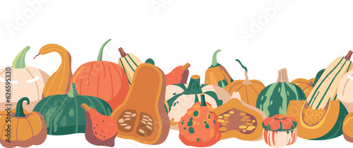 Seamless Pumpkin Pattern Or Endless Horizontal Border With Playful Arrangement Of Autumn Vegetable. Festive Design