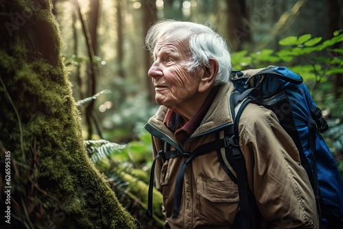 Elder man hiking on forest scenic trail in nature