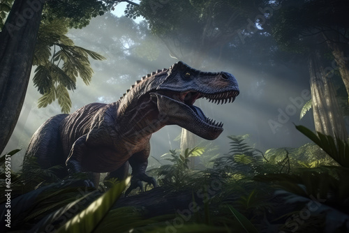 Extremely detailed and realistic illustration of dinosaur  t rex hunting in prehistoric jungle  generative AI  