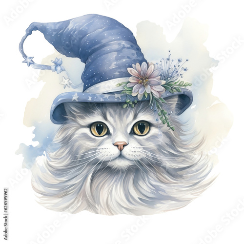 Fantasy Witch Watercolor Clipart, Air Witch Cat Illustration, Halloween Witch, made with generative AI photo