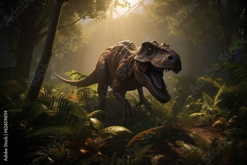 Extremely detailed and realistic illustration of dinosaur, t rex hunting in prehistoric jungle, generative AI   © ThiQuynh