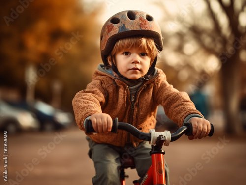 Caucasian toddler boy with helmet riding his bike