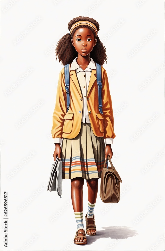 Back to school: Happy Afro girl, backpack, first day | Generative AI