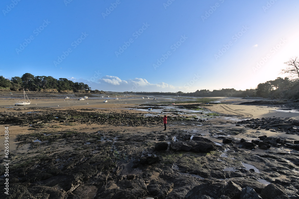 View of the bay of Lancieux during low tide a sunny winter afternoon (Brittany, France).