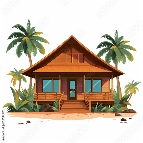 Illustration of a small house with a tropical climate concept design. Has a pitched roof and wide windows for ventilation.