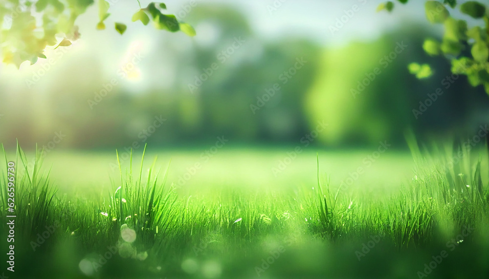 Beautiful blurred green nature background with green meadow in foreground, idyllic area for recreation, fresh springtime or summertime concept Ai generated image Beautiful blurred green nature background with green meadow in foreground, idyllic area for recreation, fresh springtime or summertime concept Ai generated image
