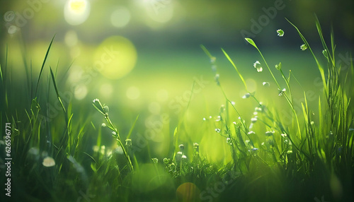 Beautiful blurred green nature background with green meadow in foreground, idyllic area for recreation, fresh springtime or summertime concept Ai generated image