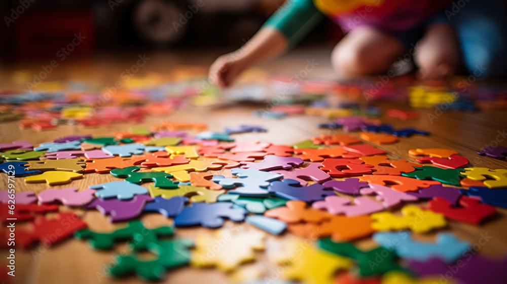 child with autism spectrum play puzzles on a floor, mental disorder generative ai