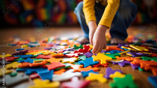 child on the floor collects colorful puzzles autism spectrum disorder generative ai