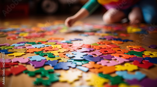 child with autism spectrum play puzzles on a floor, mental disorder generative ai