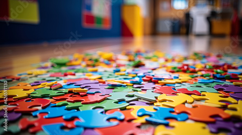 colorful puzzles on a floor, autism day generative ai