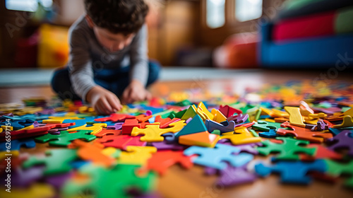 child on the floor collects colorful puzzles autism spectrum disorder generative ai photo